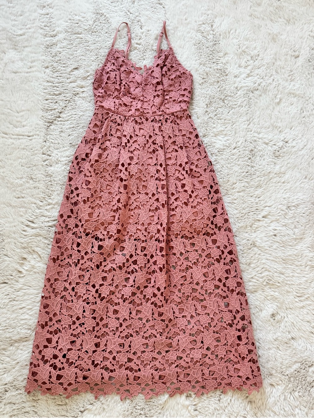 Astr Rose Pink Lace Midi Dress with Spaghetti Straps